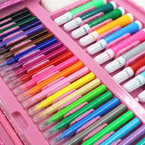 Detailed view of colorful watercolor pens in a pink art set case, perfect for kids painting.