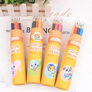 Barrel colored pencils set for kids, cute cartoon design, creative drawing and painting tools.