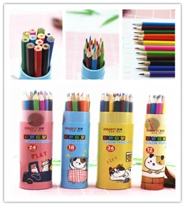 Colorful wooden drawing pencils in cute cartoon storage tubes with various color options.