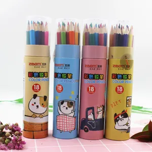 18-color barrel color pencils set, cute cartoon dog design, kids creative painting tools.