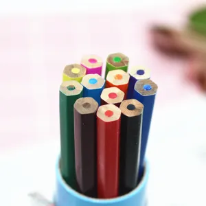 Close-up detail of colorful wooden pencils with hexagonal barrels, ideal for painting and drawing.