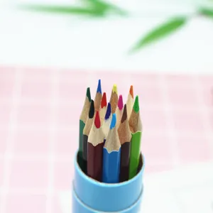 Detailed close-up of colorful pencils in a blue bucket, vibrant multi-color tips.