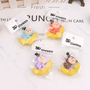 Niedliche 3D Cartoon Affe auf Banane Radiergummi Set, kreative Schüler Schreibwaren Geschenk.