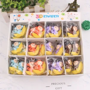 Niedlich 3d affe banane radiergummi set kreatives schüler schreibwaren geschenk box