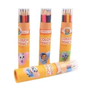 Children barrel colored pencils set with cute cartoon animal packaging for creative drawing.