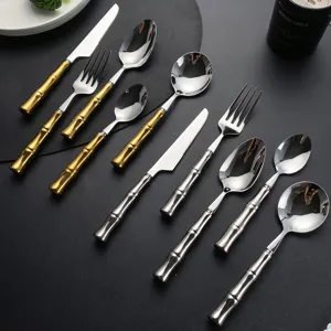 Set de couverts en acier inoxydable avec poignée en bambou couteau fourchette cuillère