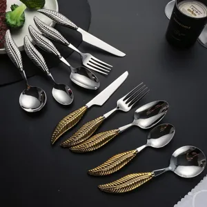 304 Stainless Steel Western Tableware Creative Feather Handle Knife Fork And Spoon Luxury Golden Silver Cutlery Set