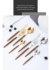 Stainless steel flatware set with wood grain handle, luxury knife fork spoon kitchen tableware.