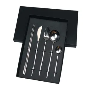 Stainless steel cutlery set 5-piece flat handle silverware packed in black gift box for kitchen
