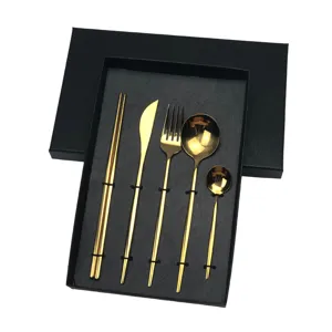 Stainless steel tableware 5-piece set with black gift box, glossy gold flatware detail view.