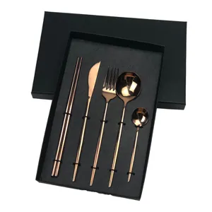 Stainless steel 5-piece flatware set in rose gold with black gift box, detailed view