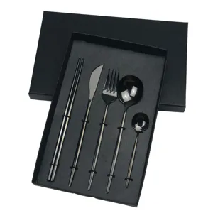 Portuguese style black stainless steel cutlery 5-piece set with an elegant gift box inside.