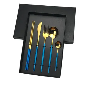5-Piece Gold and Blue Stainless Steel Tableware Set with Gift Box Flat Handle Cutlery Set