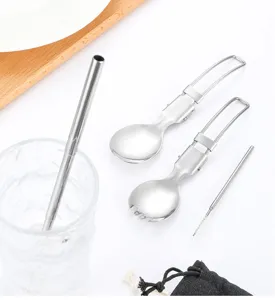 Set de Couverts de Camping Pliables en Acier Inoxydable Cuillère Fourchette Paille Sac