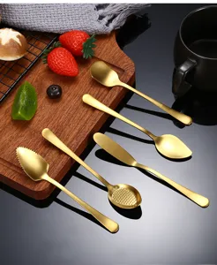 Juego de cucharas y cuchillo para mantequilla chapados en oro de acero inoxidable 304 para postre.