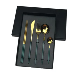 Portuguese style stainless steel cutlery set gold finish dark green handles black gift box.