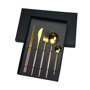 Portuguese style 5-piece stainless steel cutlery set with pink handle and gold gift box.