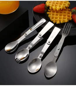 Stainless steel folding cutlery detail view, portable outdoor picnic tableware close up display.