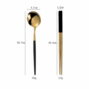 Set di cucchiaio e bacchette in acciaio inossidabile con specifiche di dimensioni.