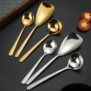 Cuchara de Servir de Acero Inoxidable 304 Conjunto Vajilla Martillada Dorada Plateada Utensilios de Cocina Cuchara de Mesa
