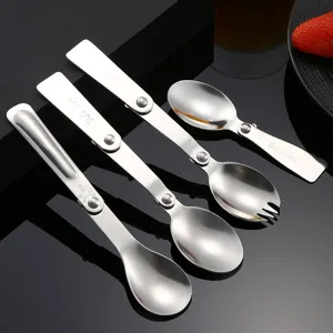Portable 304 stainless steel folding spoon and fork set for outdoor camping and travel.
