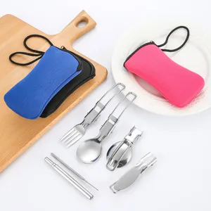 Ensemble de Couverts Pliants Portables en Acier Inoxydable Voyage Camping Vaisselle Fourchette Cuillère Couteau Baguettes Avec Pochette