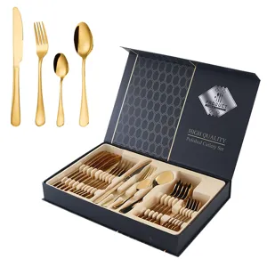 Ensemble de Couverts Modernes en Acier Inoxydable Cuisine Vaisselle Couteau Fourchette Cuillère Poli Miroir Boîte Cadeau de Luxe