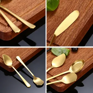 Estilo europeo 304 acero inoxidable oro café postre cuchara y cuchillo de mantequilla.