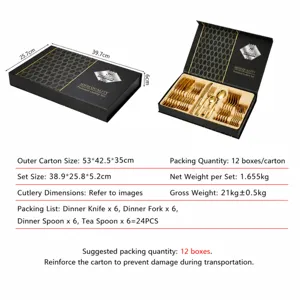 Set de couverts 24 pièces en acier inoxydable dans un coffret cadeau noir élégant doré.