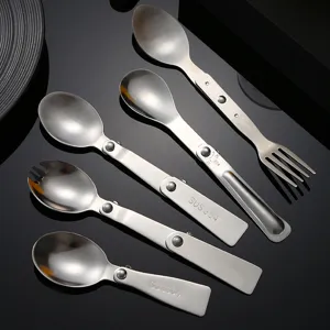Portable 304 stainless steel folding spoon and spork set for outdoor picnic camping travel.
