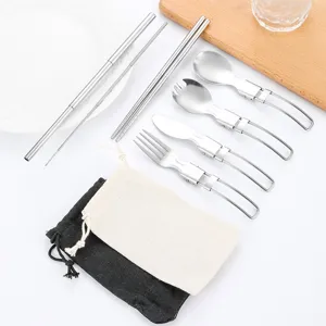 Acier inoxydable portable camping en plein air vaisselle pliable fourchette cuillère baguettes