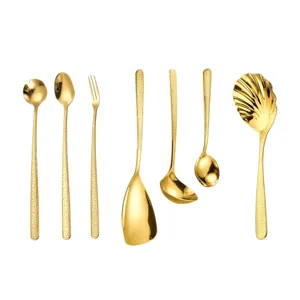 Juego de cucharas de servir de acero inoxidable dorado cubiertos martillados cocina