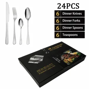 Set de couverts 24 pièces en acier inoxydable avec coffret cadeau pour table élégante.
