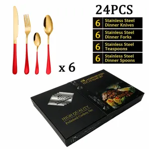 ensemble de couverts en acier inoxydable 24 pcs poignées rouges et cuillère fourchette dorée