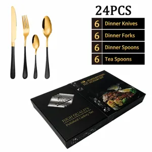 Ensemble de couverts 24 pièces noir et or en acier inoxydable avec coffret cadeau.