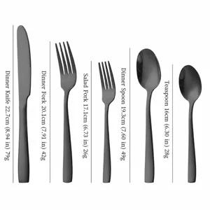 Schwarzes Besteck Set Größentabelle, Messer Gabel und Löffel Maße für die Küche.