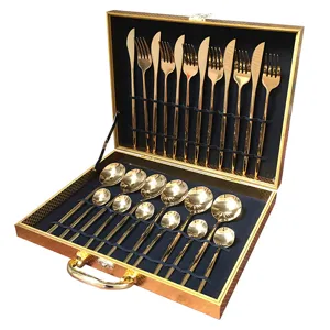 Juego de Cubertería de Acero Inoxidable de 24 Piezas Estilo Portugués Chapado en Oro con Caja de Regalo de Madera