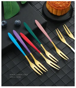 Stainless steel fruit fork set for dessert, colorful metal cutlery for home use