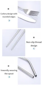 Stainless steel cutlery detail showing rounded fork edges, non-slip chopsticks and straw.
