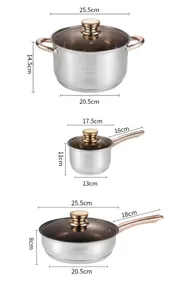 Stainless steel cookware set detail with stockpot, saucepan and pan in rose gold.