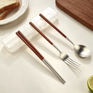 Set di Posate Portatili in Acciaio Inossidabile Stile Minimalista Coreano Cucchiaio Forchetta Bacchette Con Manico in Legno Scatola Trasparente
