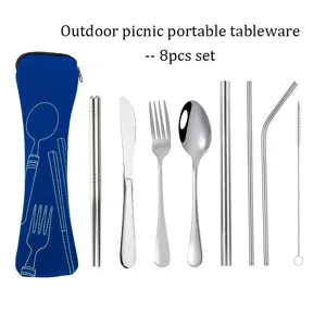 Portable stainless steel tableware set 8pcs with storage pouch for outdoor picnic camping.
