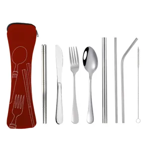 Portable stainless steel cutlery set with storage pouch for travel, camping and daily use.
