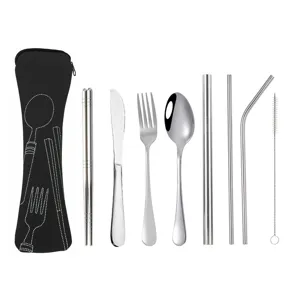 Stainless steel portable cutlery set with straw and storage pouch for daily use.