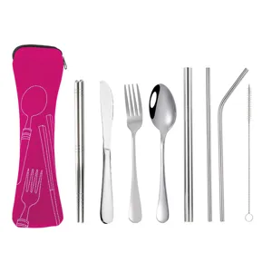 Portable stainless steel cutlery set with pink storage pouch, fork, spoon, knife, straws.