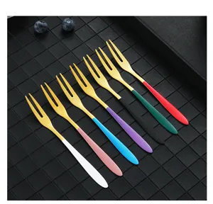 Stainless steel fruit forks detail, colorful handles, dessert and cake small forks set.