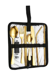 Set de couverts en acier inoxydable dore portable avec etui pour camping en plein air voyage