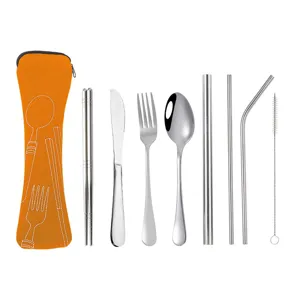 Stainless steel portable cutlery set, 8-piece tableware kit for camping and outdoor.