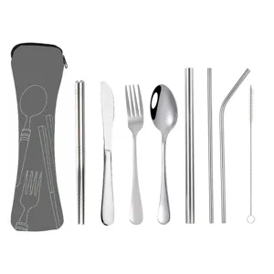 Stainless steel cutlery set portable 8-piece camping flatware with fork spoon knife straws pouch.