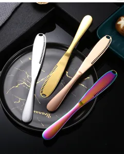 Stainless steel butter knife detail shot, multi-color cheese spreader with holes for easy use.